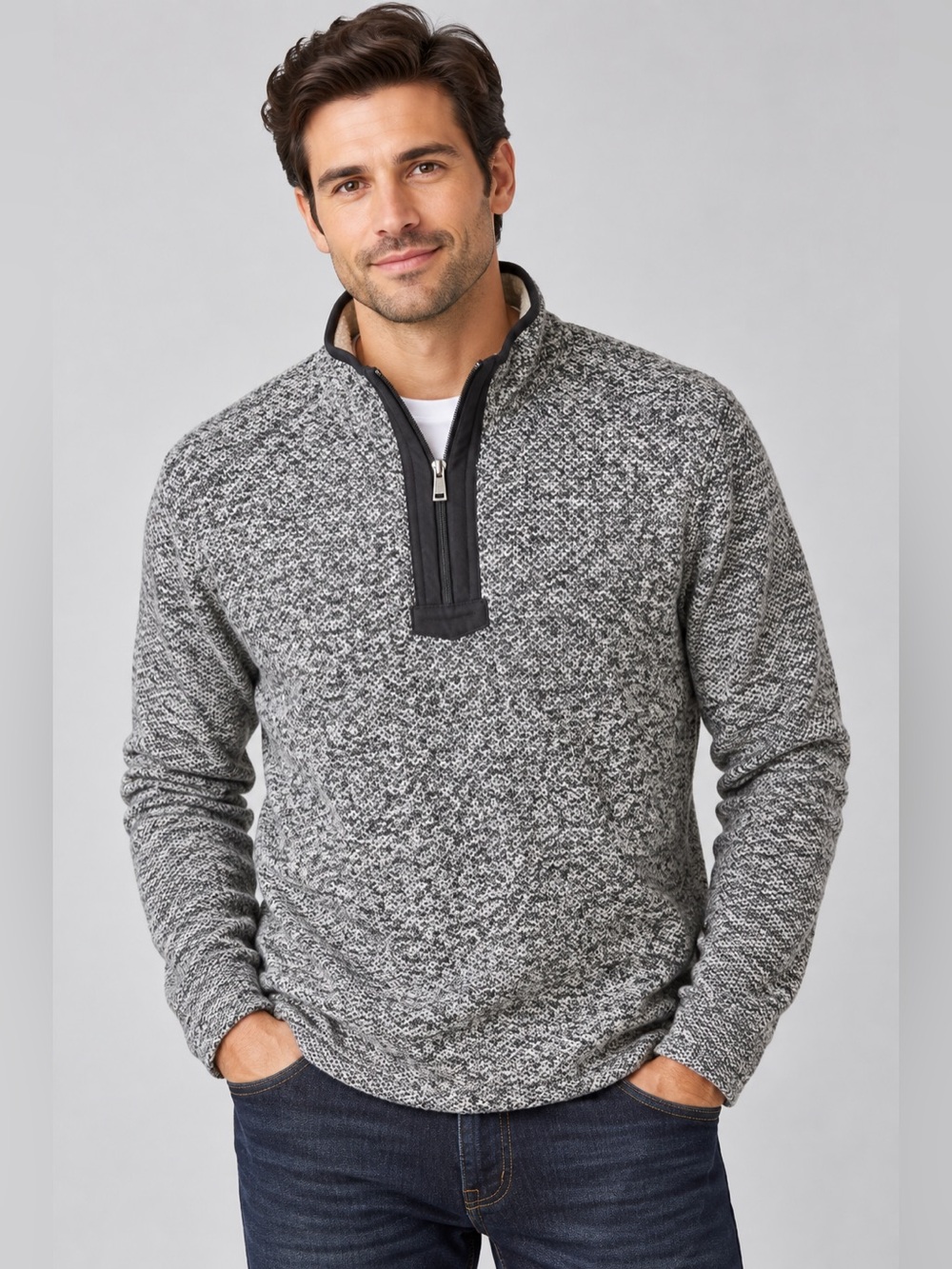 Orvis Classic Collection Men’s XL Gray Sherpa-Lined Quarter Zip Pullover Sweater